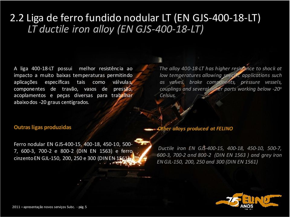 The alloy 400-18-LT has higher resistance to shock at low temperatures allowing specific applications such as valves, brake components, pressure vessels, couplings and several other parts working