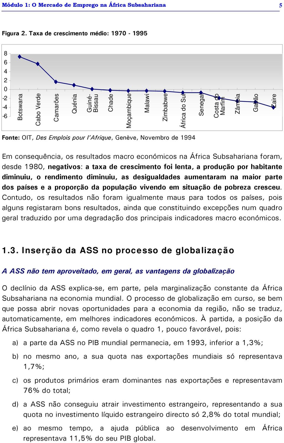 Fonte: OIT, Des Emplois pour l Afrique, Genève, Novembro de 1994 Em consequência, os resultados macro económicos na África Subsahariana foram, desde 1980, negativos: a taxa de crescimento foi lenta,