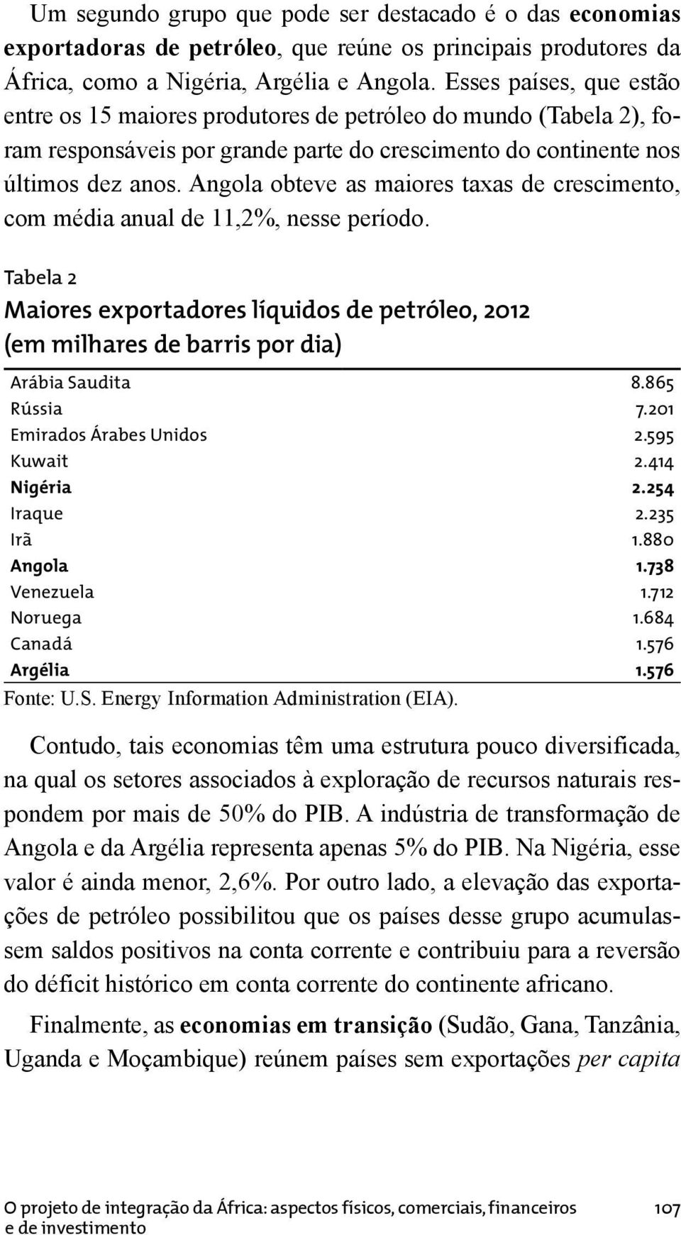 Angola obteve as maiores taxas de crescimento, com média anual de 11,2%, nesse período. Tabela 2 Maiores exportadores líquidos de petróleo, 2012 (em milhares de barris por dia) Arábia Saudita 8.