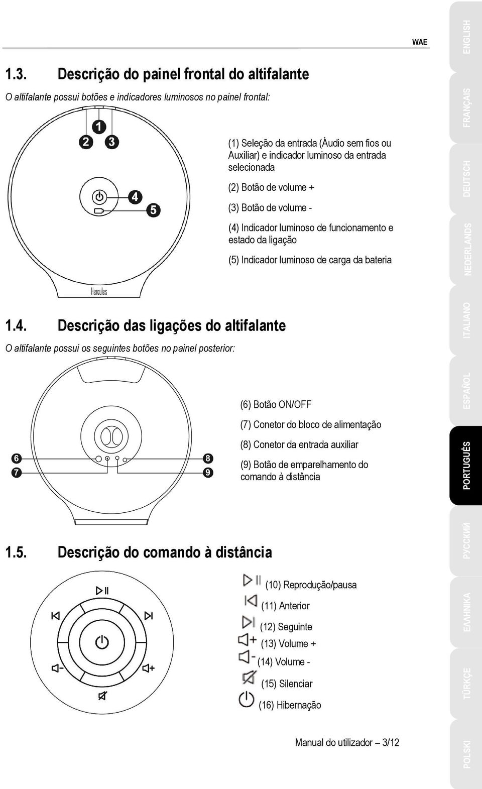 Descrição do comando à distância (4) Indicador luminoso de funcionamento e estado da ligação (5) Indicador luminoso de carga da bateria (6) Botão ON/OFF (7) Conetor do bloco de alimentação (8)