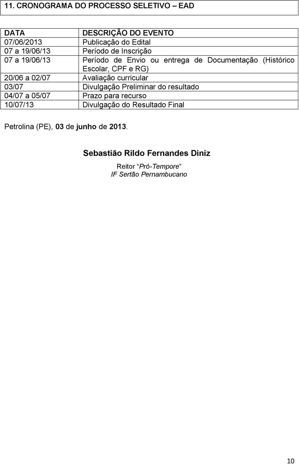 Avaliaçã curricular 03/07 Divulgaçã Preliminar d resultad 04/07 a 05/07 Praz para recurs 10/07/13 Divulgaçã d