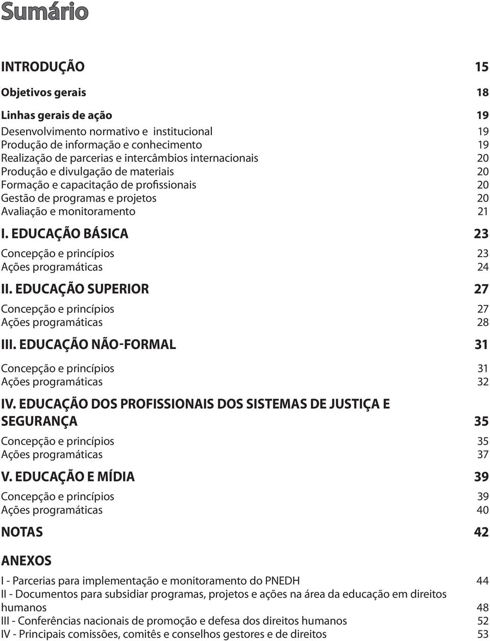 EDUCAÇÃO SUPERIOR Concepção e princípios Ações programáticas III. EDUCAÇÃO NÃO-FORMAL Concepção e princípios Ações programáticas IV.