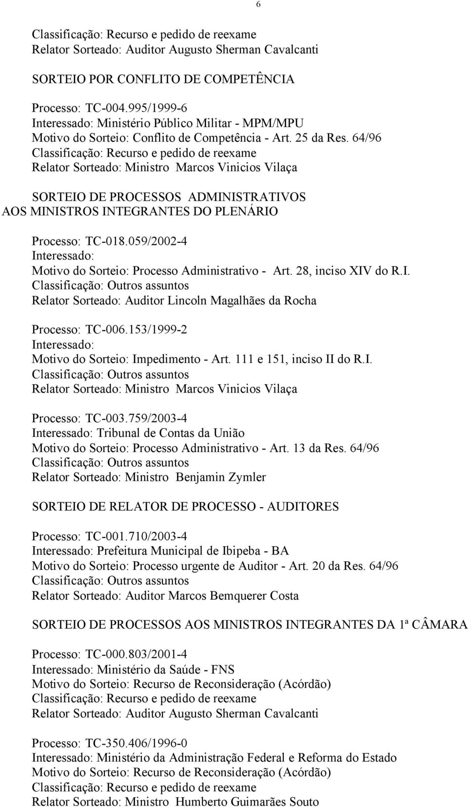 64/96 Classificação: Recurso e pedido de reexame Relator Sorteado: Ministro Marcos Vinicios Vilaça SORTEIO DE PROCESSOS ADMINISTRATIVOS AOS MINISTROS INTEGRANTES DO PLENÁRIO Processo: TC-018.