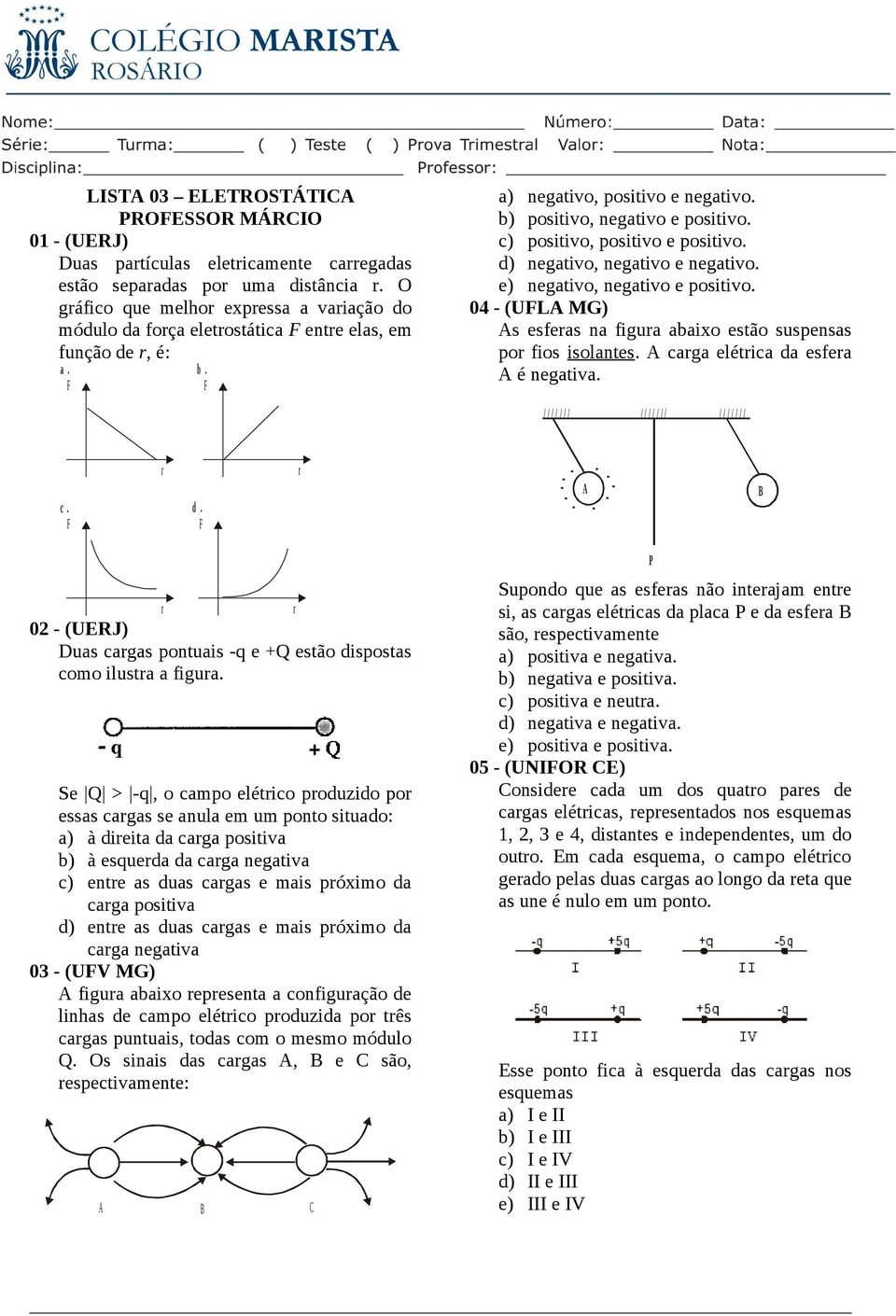 c) positivo, positivo e positivo. d) negativo, negativo e negativo. e) negativo, negativo e positivo. 04 (UL MG) s esfeas na figua abaixo estão suspensas po fios isolantes.