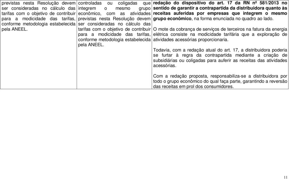 17 da RN nº 581/2013 no sentido de garantir a contrapartida da distribuidora quanto às receitas auferidas por empresas que integrem o mesmo grupo econômico, na forma enunciada no quadro ao lado.