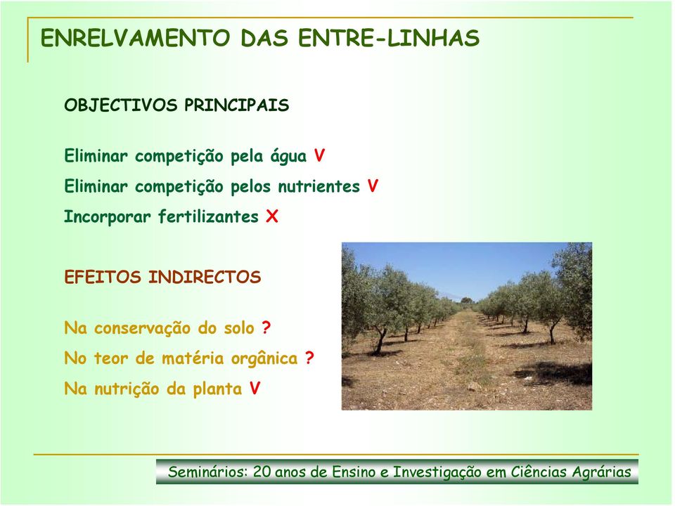 Incorporar fertilizantes X EFEITOS INDIRECTOS Na conservação