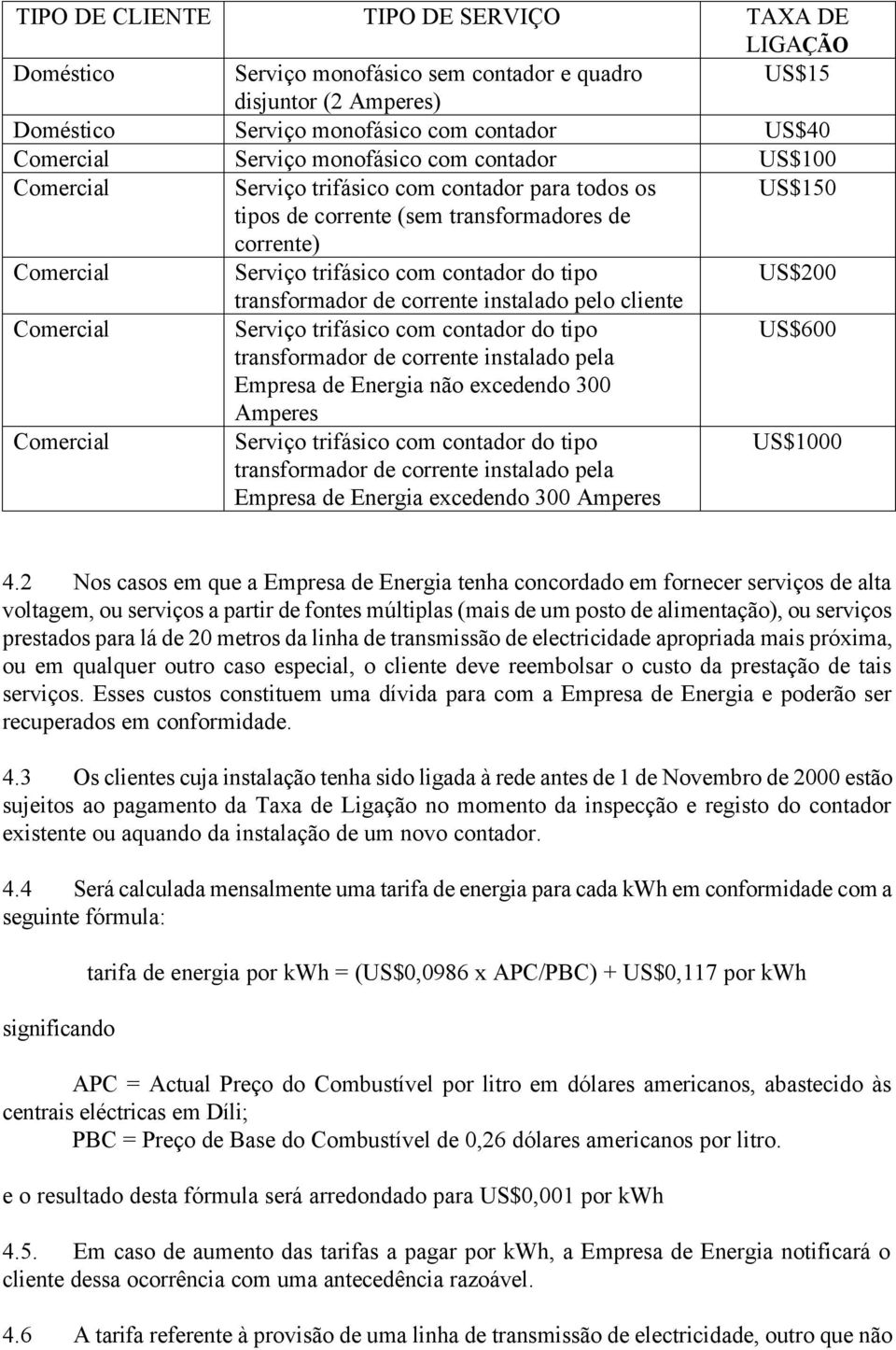 US$200 transformador de corrente instalado pelo cliente Comercial Serviço trifásico com contador do tipo US$600 transformador de corrente instalado pela Empresa de Energia não excedendo 300 Amperes