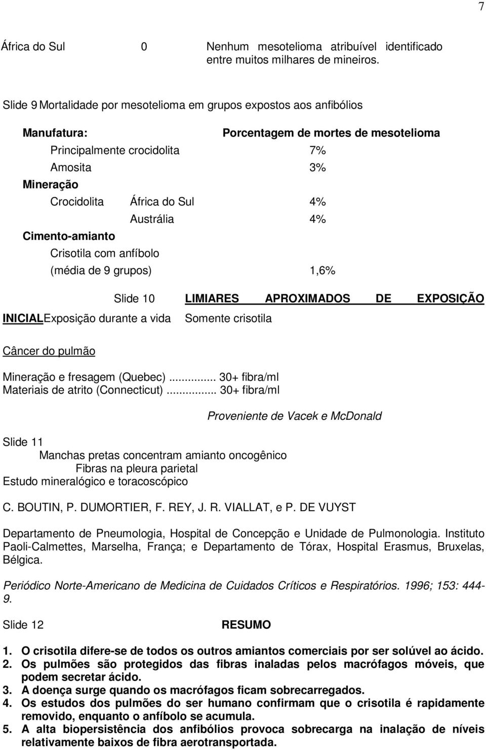 Austrália 4% Cimento-amianto Crisotila com anfíbolo (média de 9 grupos) 1,6% Slide 10 LIMIARES APROXIMADOS DE EXPOSIÇÃO INICIALExposição durante a vida Somente crisotila Câncer do pulmão Mineração e