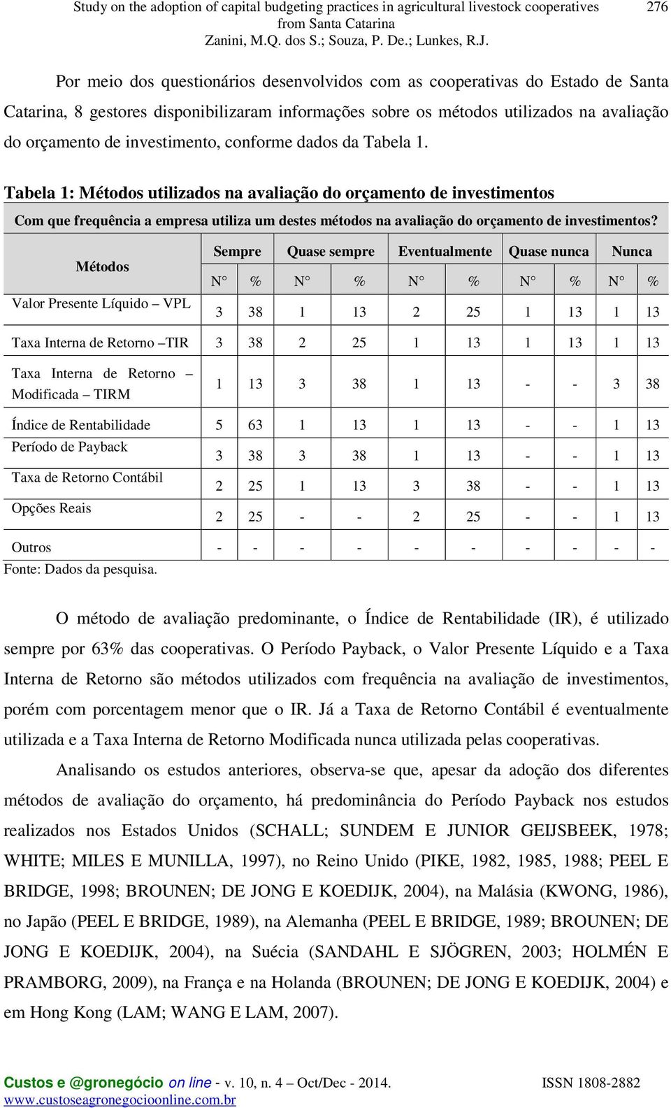 Tabela 1: Métodos utilizados na avaliação do orçamento de investimentos Com que frequência a empresa utiliza um destes métodos na avaliação do orçamento de investimentos?