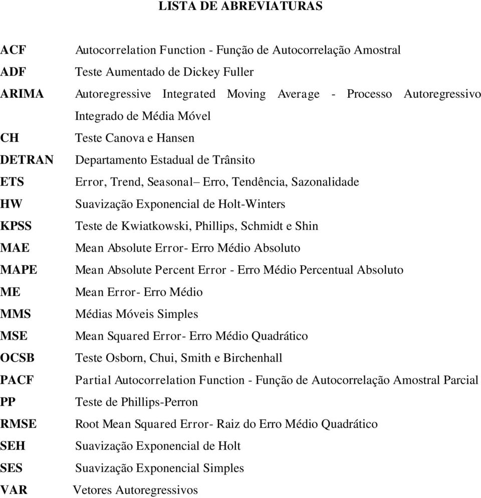 Sazonalidade Suavização Exponencial de Holt-Winters Teste de Kwiatkowski, Phillips, Schmidt e Shin Mean Absolute Error- Erro Médio Absoluto Mean Absolute Percent Error - Erro Médio Percentual