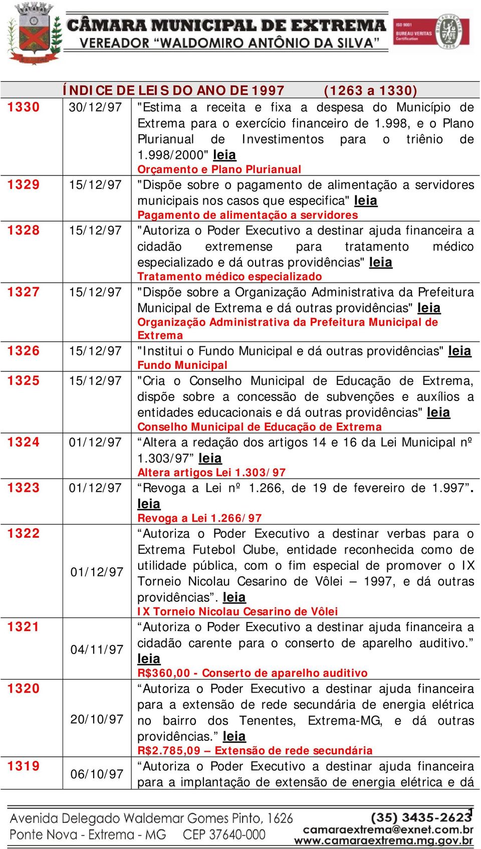 "Autoriza o Poder Executivo a destinar ajuda financeira a cidadão extremense para tratamento médico especializado e dá outras providências" Tratamento médico especializado 1327 15/12/97 "Dispõe sobre