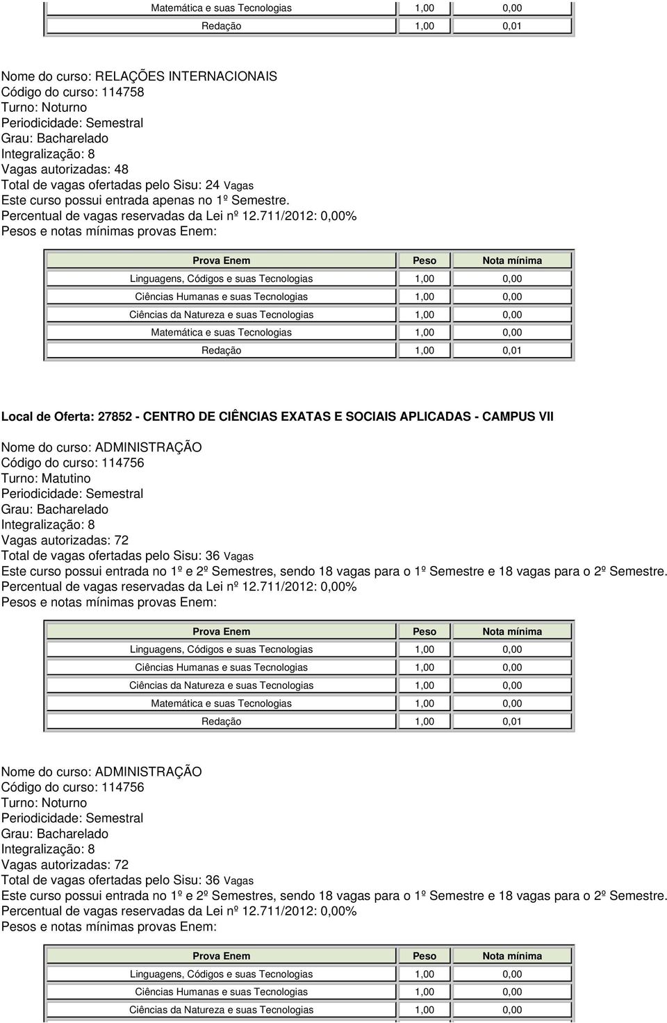 ofertadas pelo Sisu: 36 Vagas Este curso possui entrada no 1º e 2º Semestres, sendo 18 vagas para o 1º Semestre e 18 vagas para o 2º Semestre.