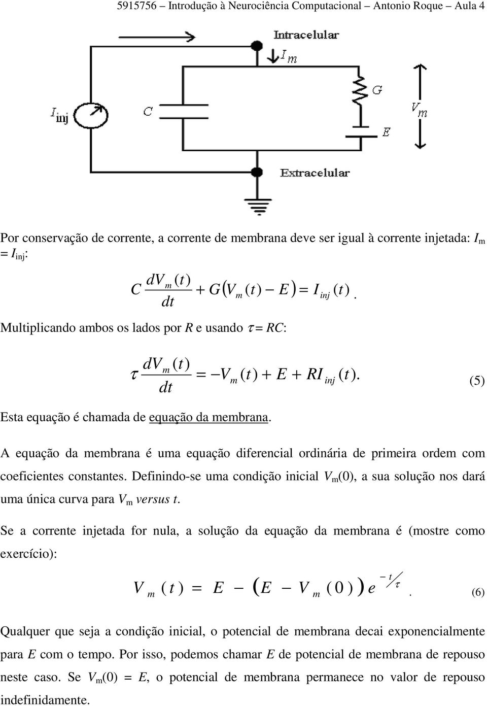 A equação da ebrana é ua equação diferencial ordinária de prieira orde co coeficientes constantes. Definindo-se ua condição inicial V (0), a sua solução nos dará ua única curva para V versus t.