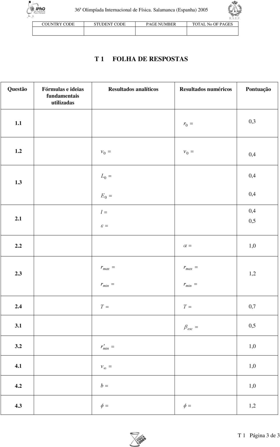 RESPOSTAS Questão Fómulas e ideias fundamentais utilizadas Resultados analíticos