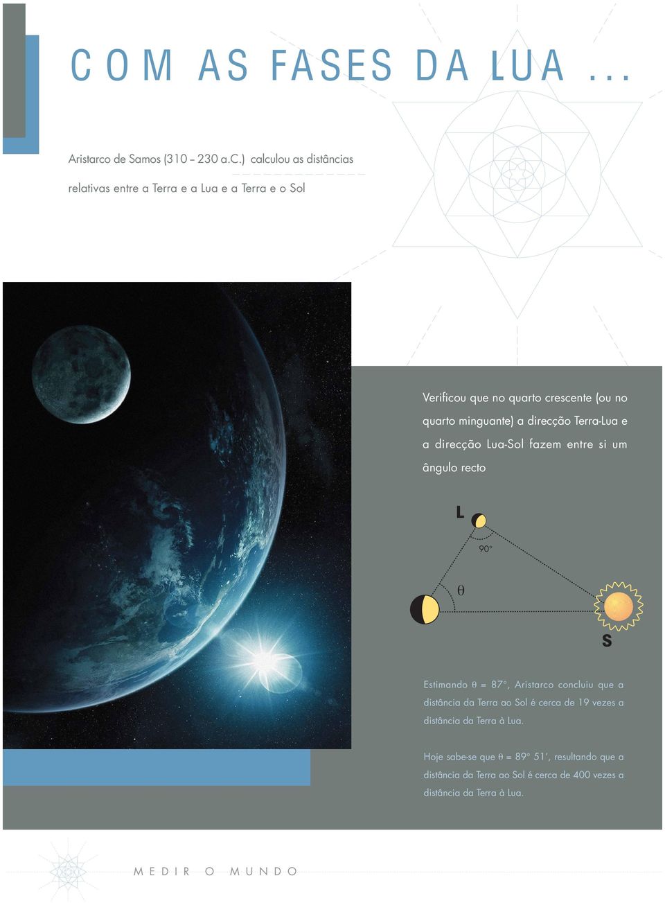 ) calculou as distâncias relativas entre a Terra e a ua e a Terra e o ol Verificou que no quarto crescente (ou no quarto