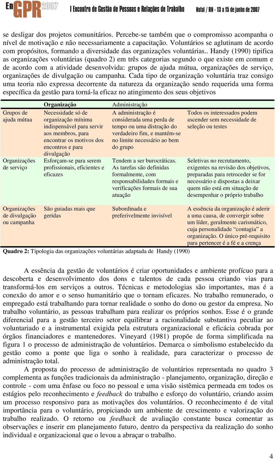 . Handy (1990) tipifica as organizações voluntárias (quadro 2) em três categorias segundo o que existe em comum e de acordo com a atividade desenvolvida: grupos de ajuda mútua, organizações de