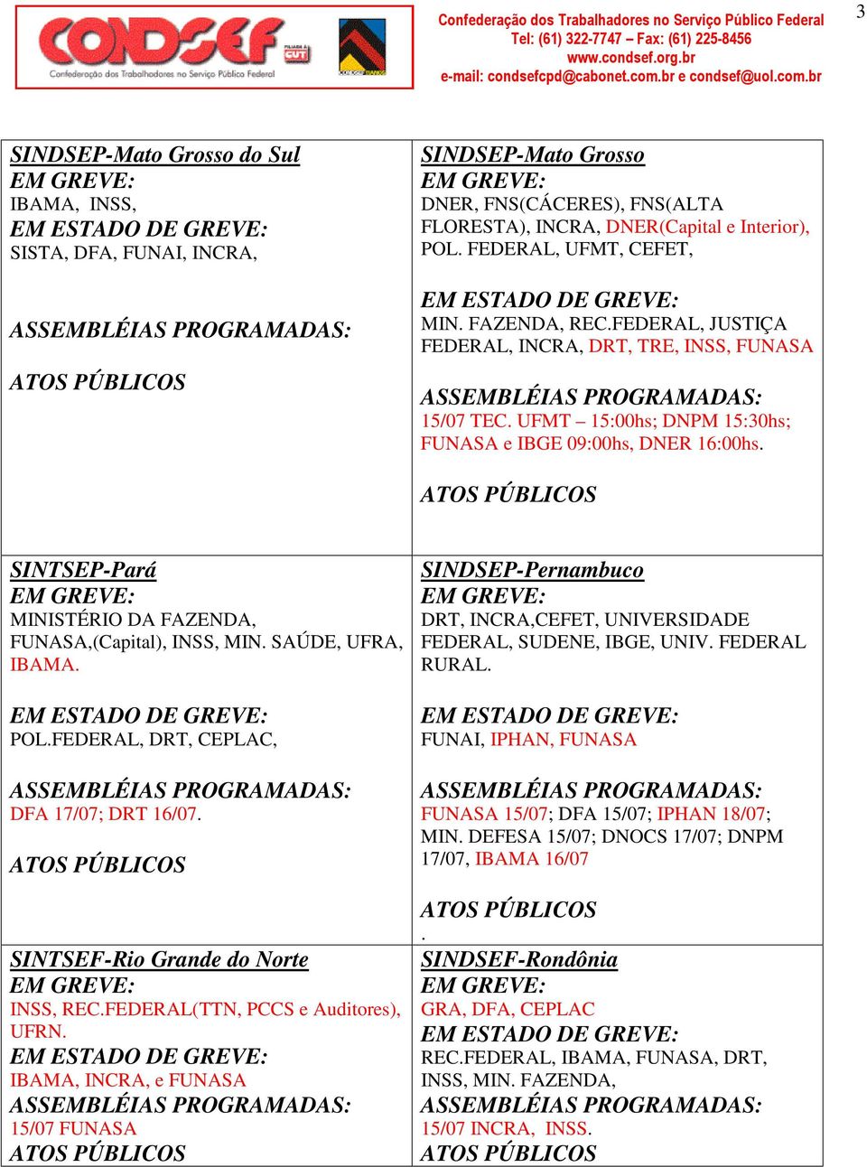 SINTSEP-Pará MINISTÉRIO DA FAZENDA, FUNASA,(Capital), INSS, MIN. SAÚDE, UFRA, IBAMA. POL.FEDERAL, DRT, CEPLAC, DFA 17/07; DRT 16/07. SINTSEF-Rio Grande do Norte INSS, REC.