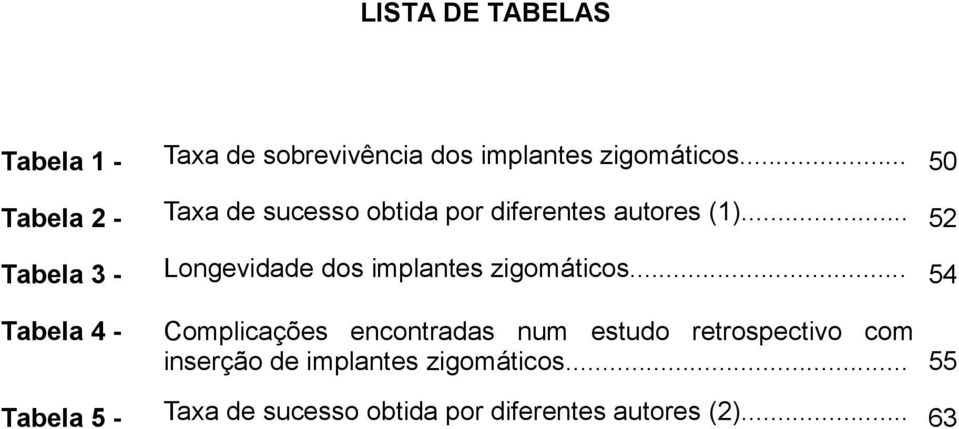 .. 52 Tabela 3 - Longevidade dos implantes zigomáticos.