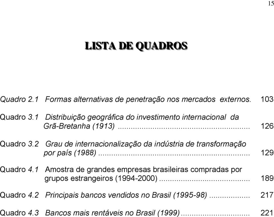 2 Grau de internacionalização da indústria de transformação por país (1988)... 129 Quadro 4.