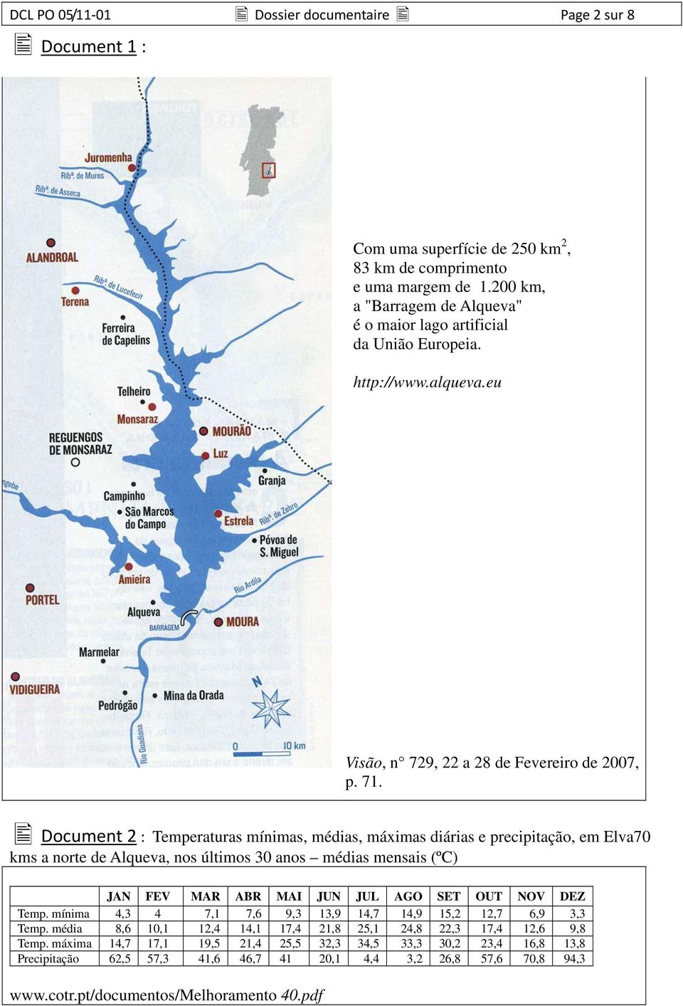 Document 2 : Temperaturas mínimas, médias, máximas diárias e precipitação, em Elva70 kms a norte de Alqueva, nos últimos 30 anos médias mensais (ºC) JAN FEV MAR ABR MAI JUN JUL AGO SET OUT NOV DEZ
