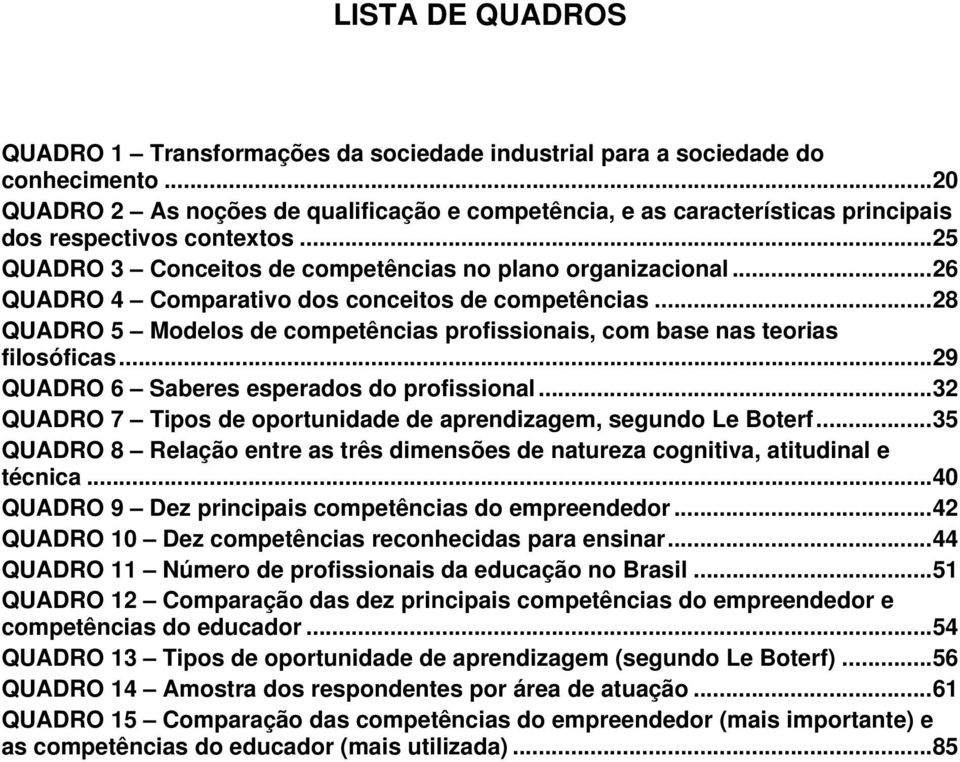 .. 26 QUADRO 4 Comparativo dos conceitos de competências... 28 QUADRO 5 Modelos de competências profissionais, com base nas teorias filosóficas... 29 QUADRO 6 Saberes esperados do profissional.