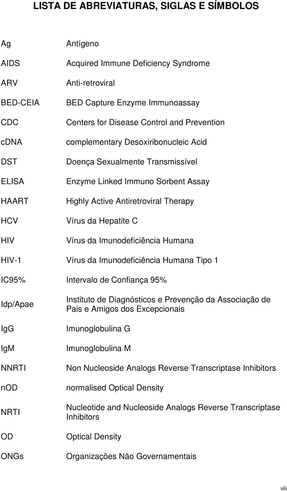 da Imunodeficiência Humana HIV-1 Vírus da Imunodeficiência Humana Tipo 1 IC95% Intervalo de Confiança 95% Idp/Apae IgG IgM NNRTI nod NRTI OD ONGs Instituto de Diagnósticos e Prevenção da Associação