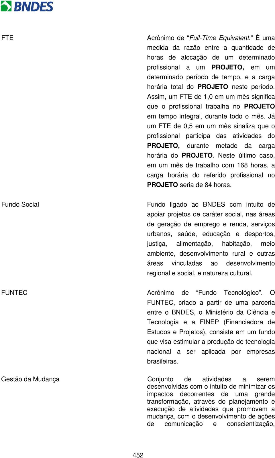 Assim, um FTE de 1,0 em um mês significa que o profissional trabalha no PROJETO em tempo integral, durante todo o mês.