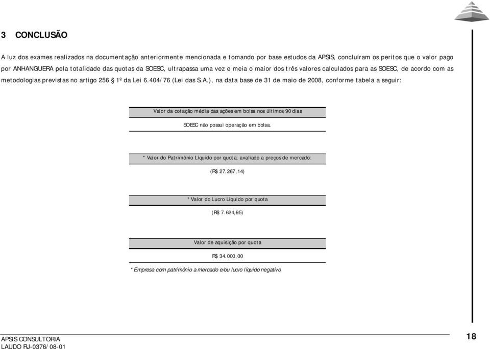 ), na data base de 31 de maio de 2008, conforme tabela a seguir: Valor da cotação média das ações em bolsa nos últimos 90 dias SOESC não possui operação em bolsa.