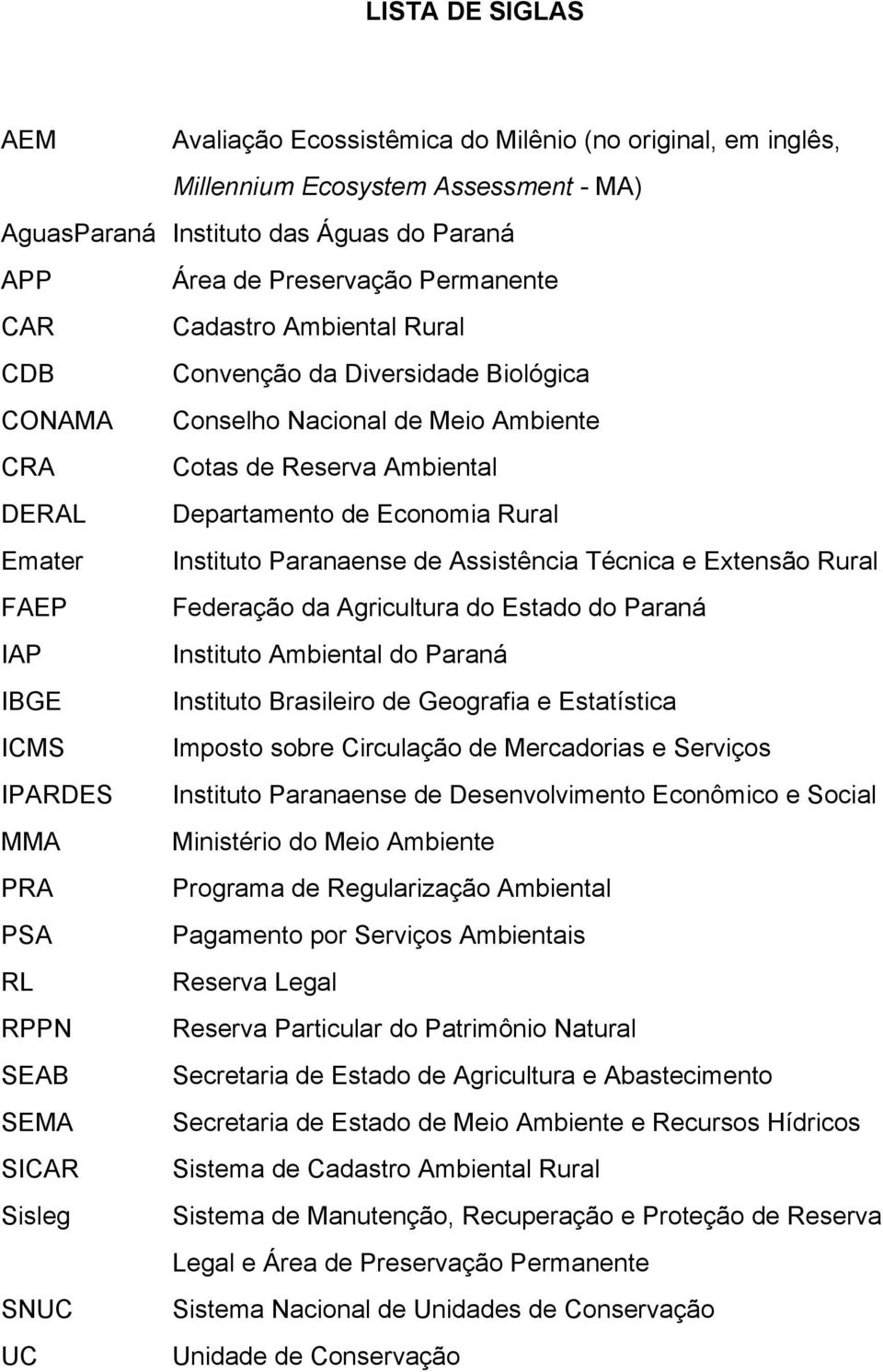 Paranaense de Assistência Técnica e Extensão Rural FAEP Federação da Agricultura do Estado do Paraná IAP Instituto Ambiental do Paraná IBGE Instituto Brasileiro de Geografia e Estatística ICMS