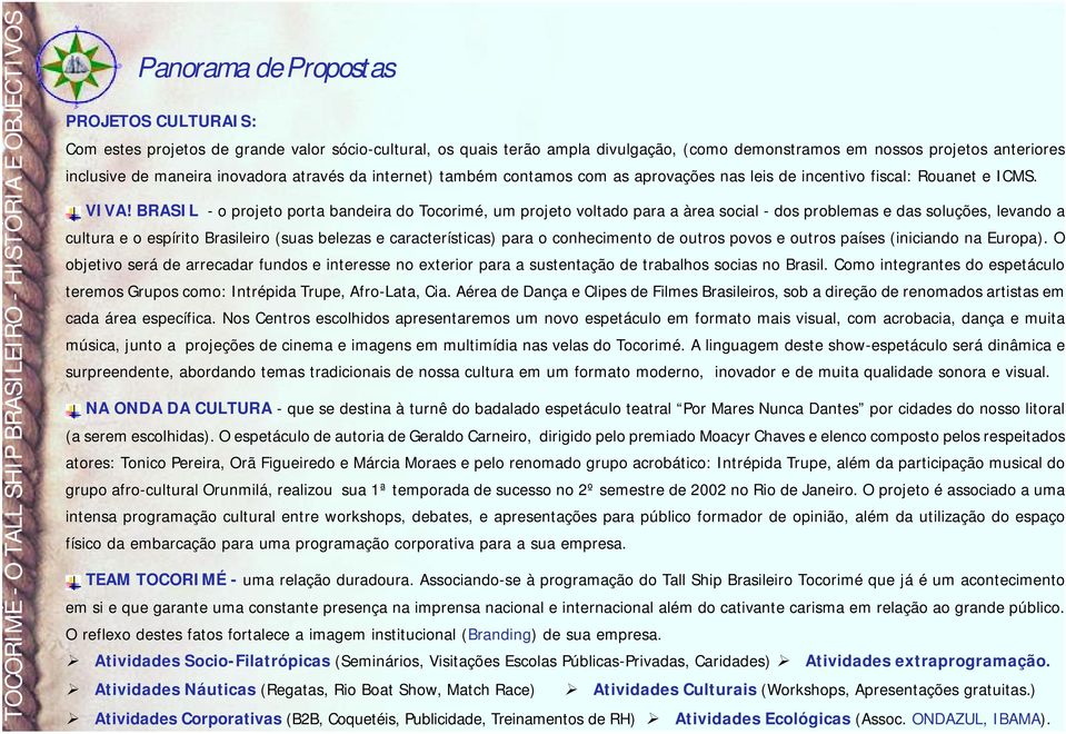 BRASIL - o projeto porta bandeira do Tocorimé, um projeto voltado para a àrea social - dos problemas e das soluções, levando a cultura e o espírito Brasileiro (suas belezas e características) para o