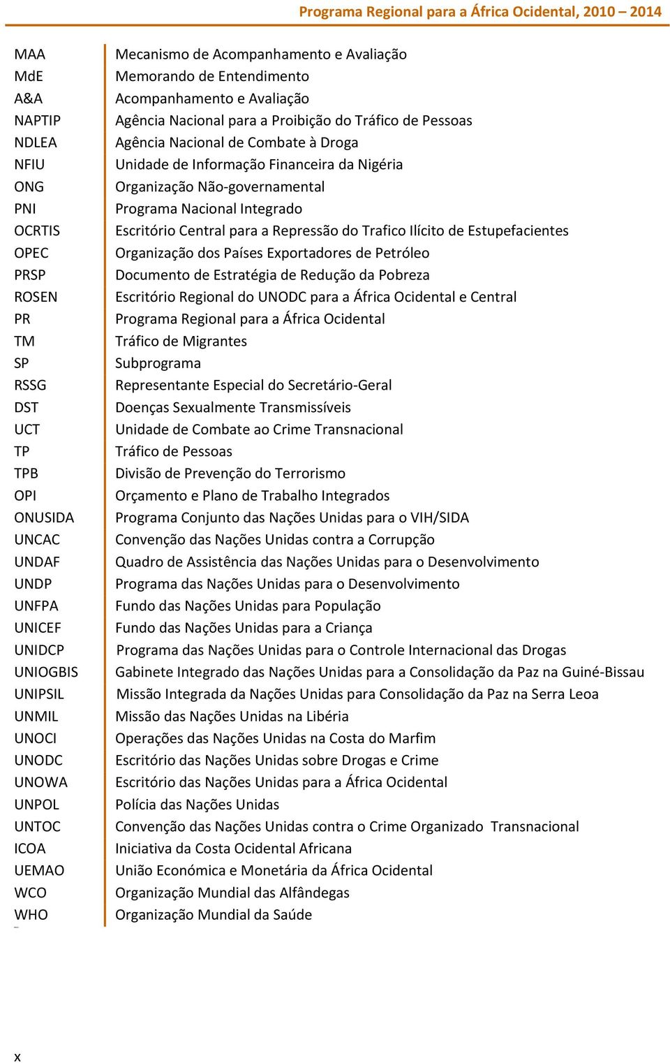 UNDP UNFPA UNICEF UNIDCP UNIOGBIS UNIPSIL UNMIL UNOCI UNODC UNOWA UNPOL UNTOC ICOA UEMAO WCO WHO Mecanismo de Acompanhamento e Avaliação Memorando de Entendimento Acompanhamento e Avaliação Agência