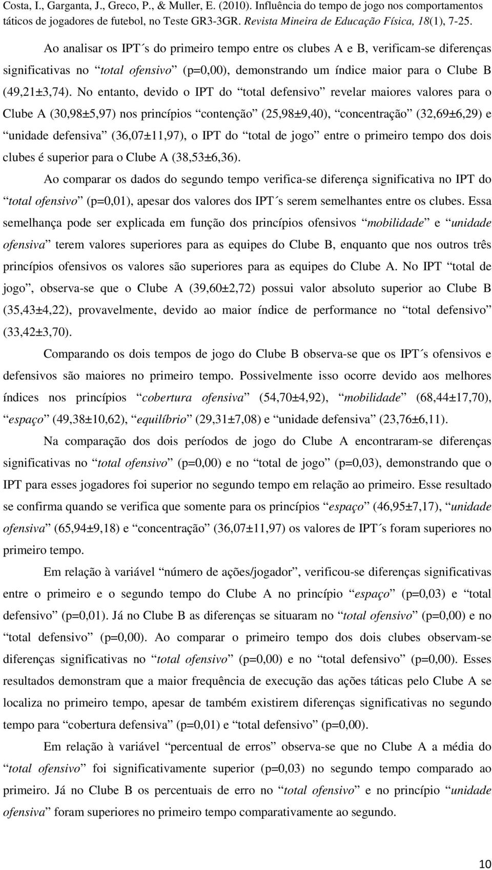 IPT do total de jogo entre o primeiro tempo dos dois clubes é superior para o Clube A (38,53±6,36).