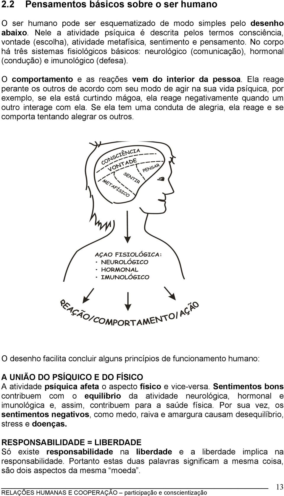 No corpo há três sistemas fisiológicos básicos: neurológico (comunicação), hormonal (condução) e imunológico (defesa). O comportamento e as reações vem do interior da pessoa.