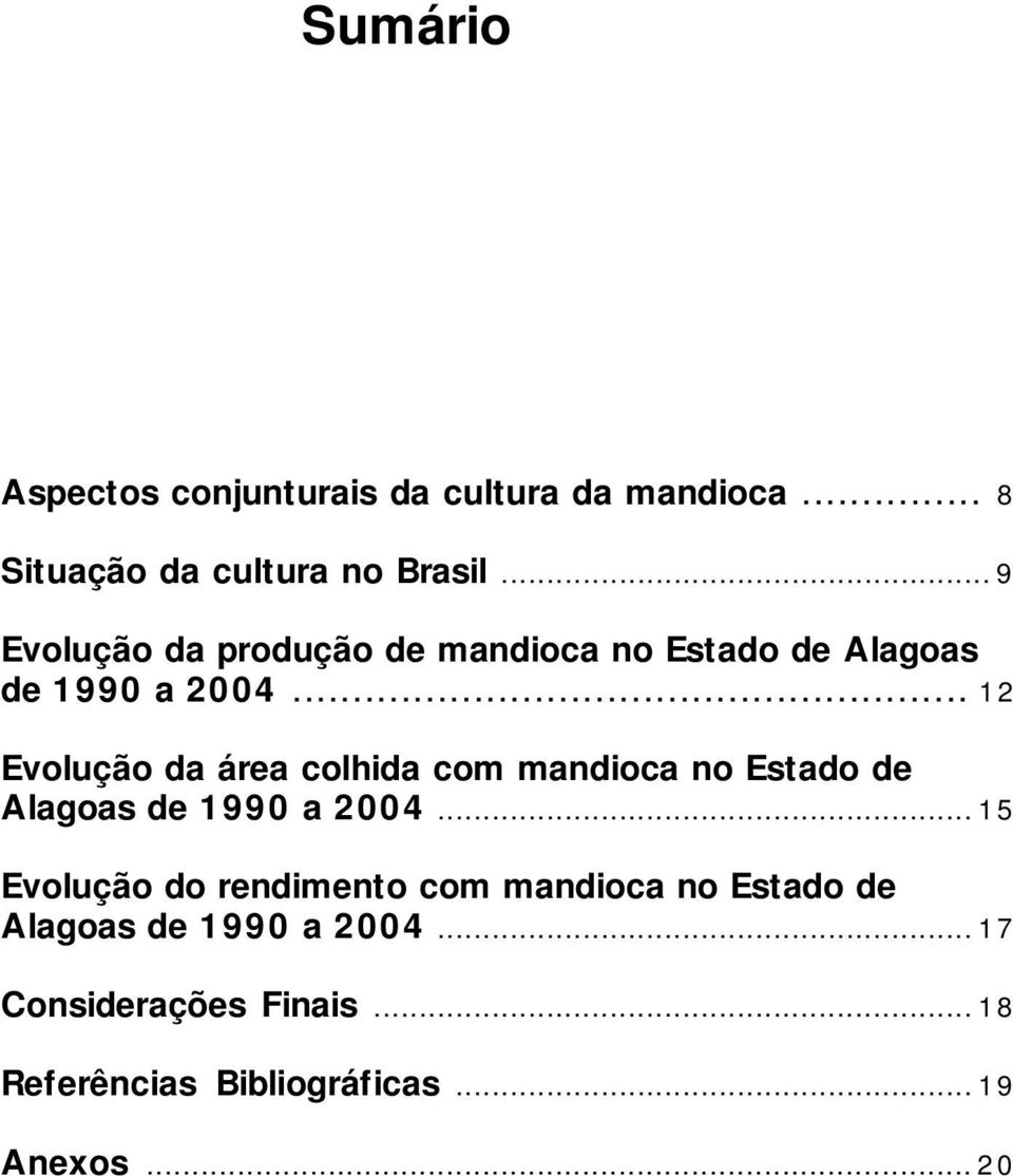 .. 12 Evolução da área colhida com mandioca no Estado de Alagoas de 1990 a 2004.