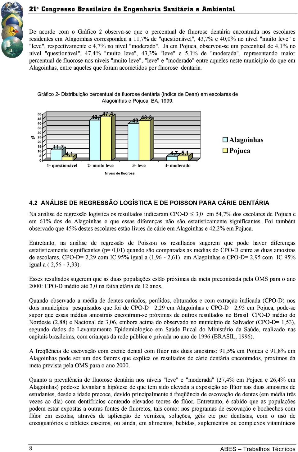Já em Pojuca, observou-se um percentual de 4,1% no nível "questionável", 47,4% "muito leve", 43,3% "leve" e 5,1% de "moderada", representando maior percentual de fluorose nos níveis "muito leve",
