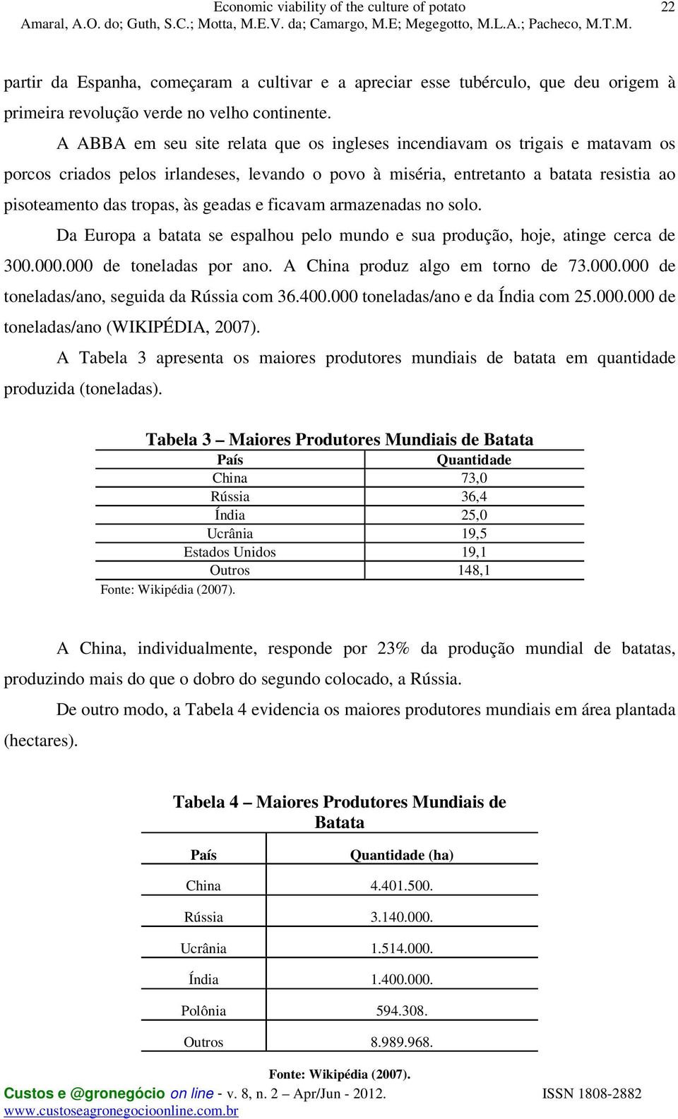 geadas e ficavam armazenadas no solo. Da Europa a batata se espalhou pelo mundo e sua produção, hoje, atinge cerca de 300.000.000 de toneladas por ano. A China produz algo em torno de 73.000.000 de toneladas/ano, seguida da Rússia com 36.