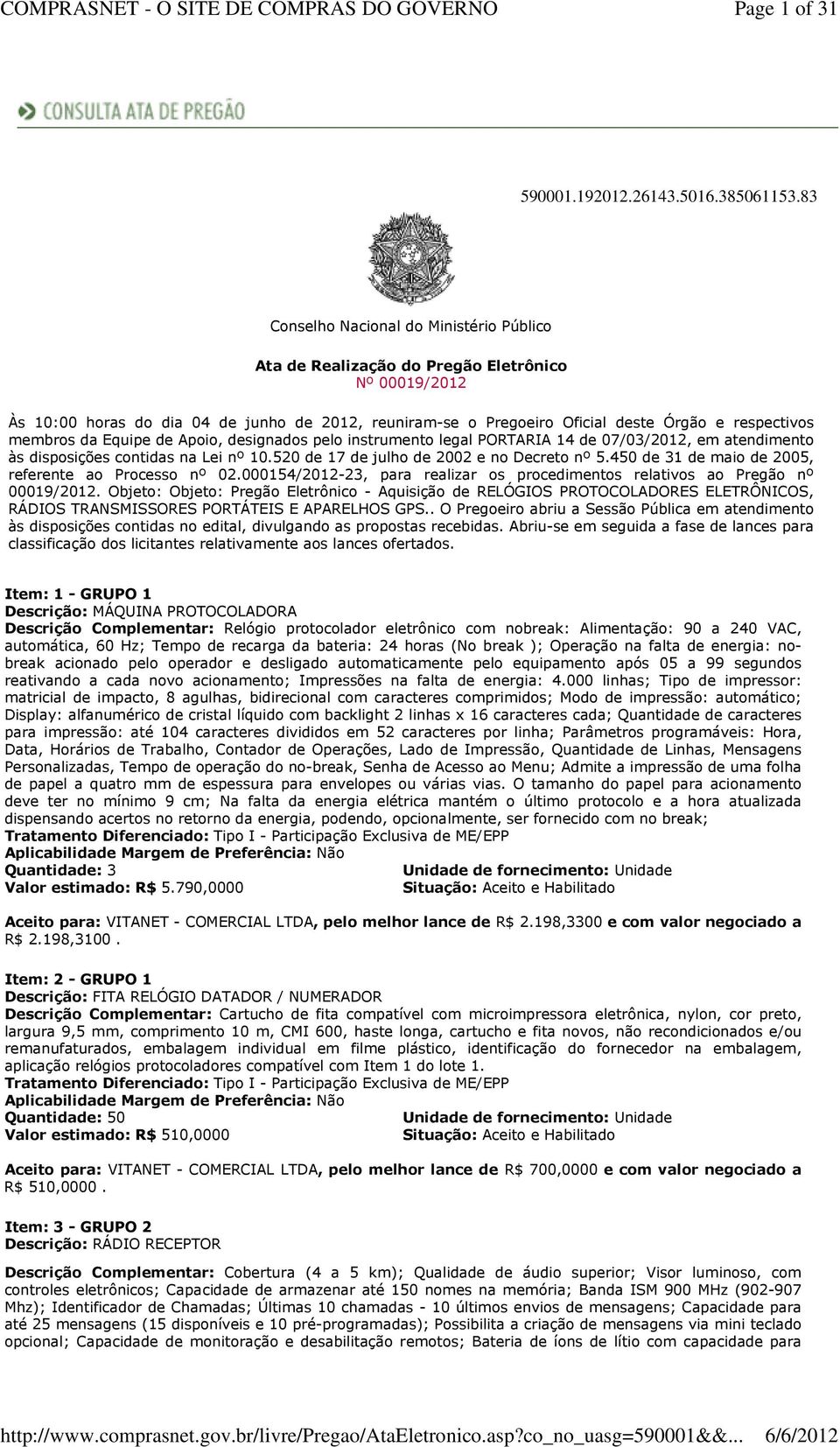 membros da Equipe de Apoio, designados pelo instrumento legal PORTARIA 14 de 07/03/2012, em atendimento às disposições contidas na Lei nº 10.520 de 17 de julho de 2002 e no Decreto nº 5.