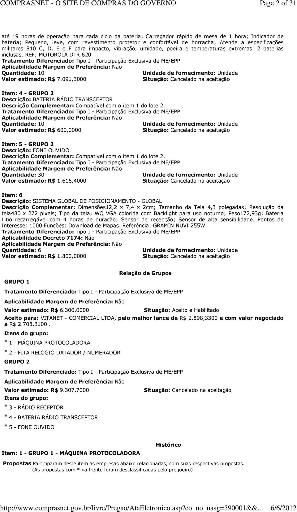 REF; MOTOROLA DTR 620 Tratamento Diferenciado: Tipo I - Participação Exclusiva de ME/EPP Aplicabilidade Margem de Preferência: Não Quantidade: 10 Unidade de fornecimento: Unidade Valor estimado: R$ 7.