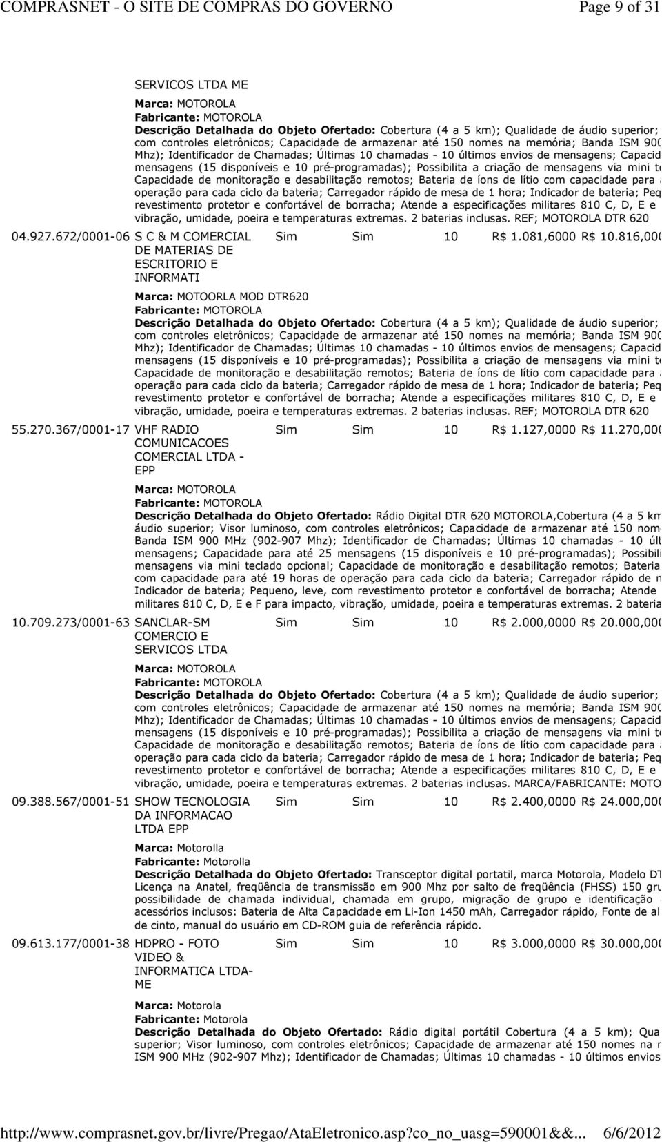 567/0001-51 SHOW TECNOLOGIA DA INFORMACAO LTDA EPP Marca: MOTOROLA Descrição Detalhada do Objeto Ofertado: Cobertura (4 a 5 km); Qualidade de áudio superior; Visor luminoso com controles eletrônicos;