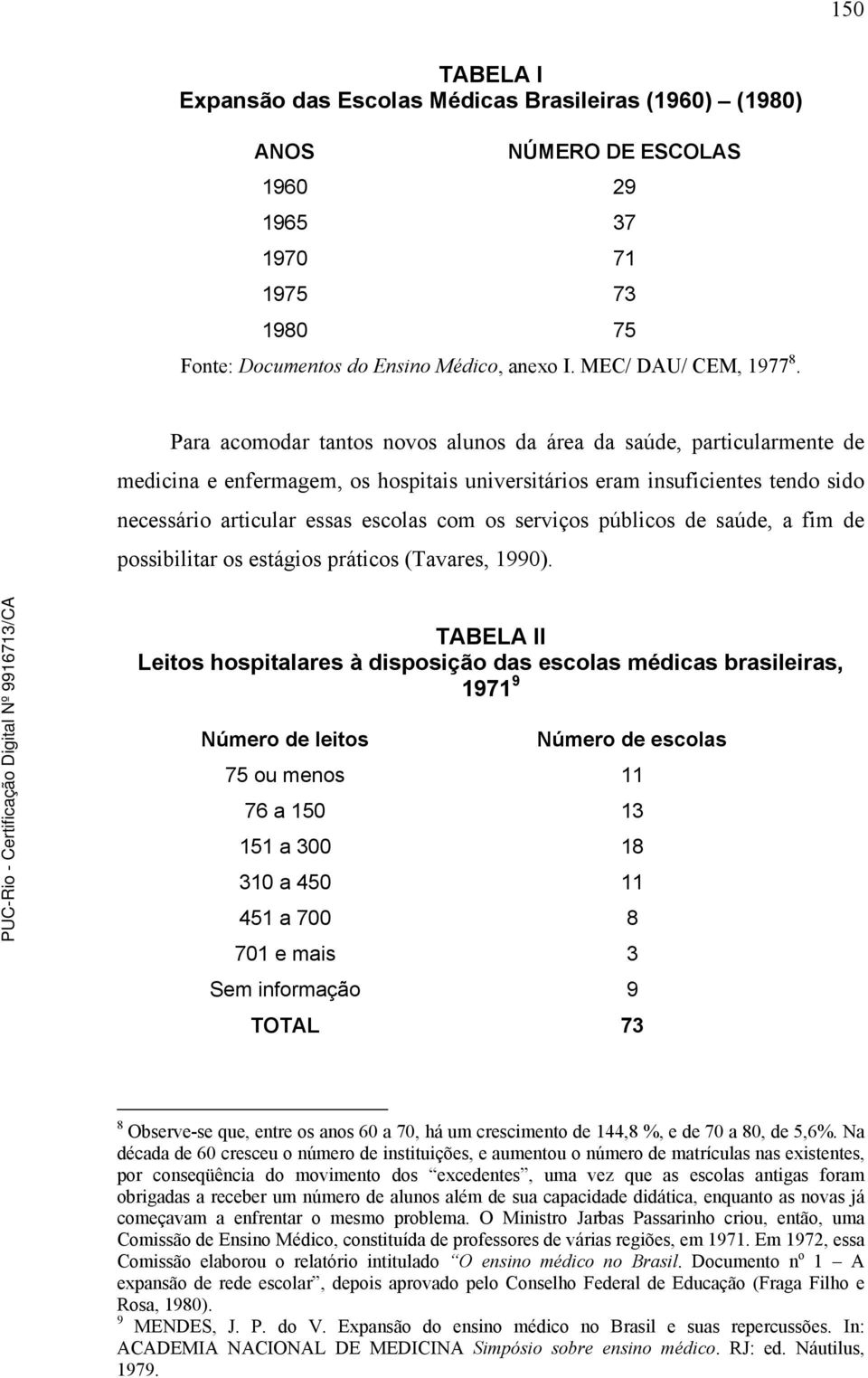 serviços públicos de saúde, a fim de possibilitar os estágios práticos (Tavares, 1990).