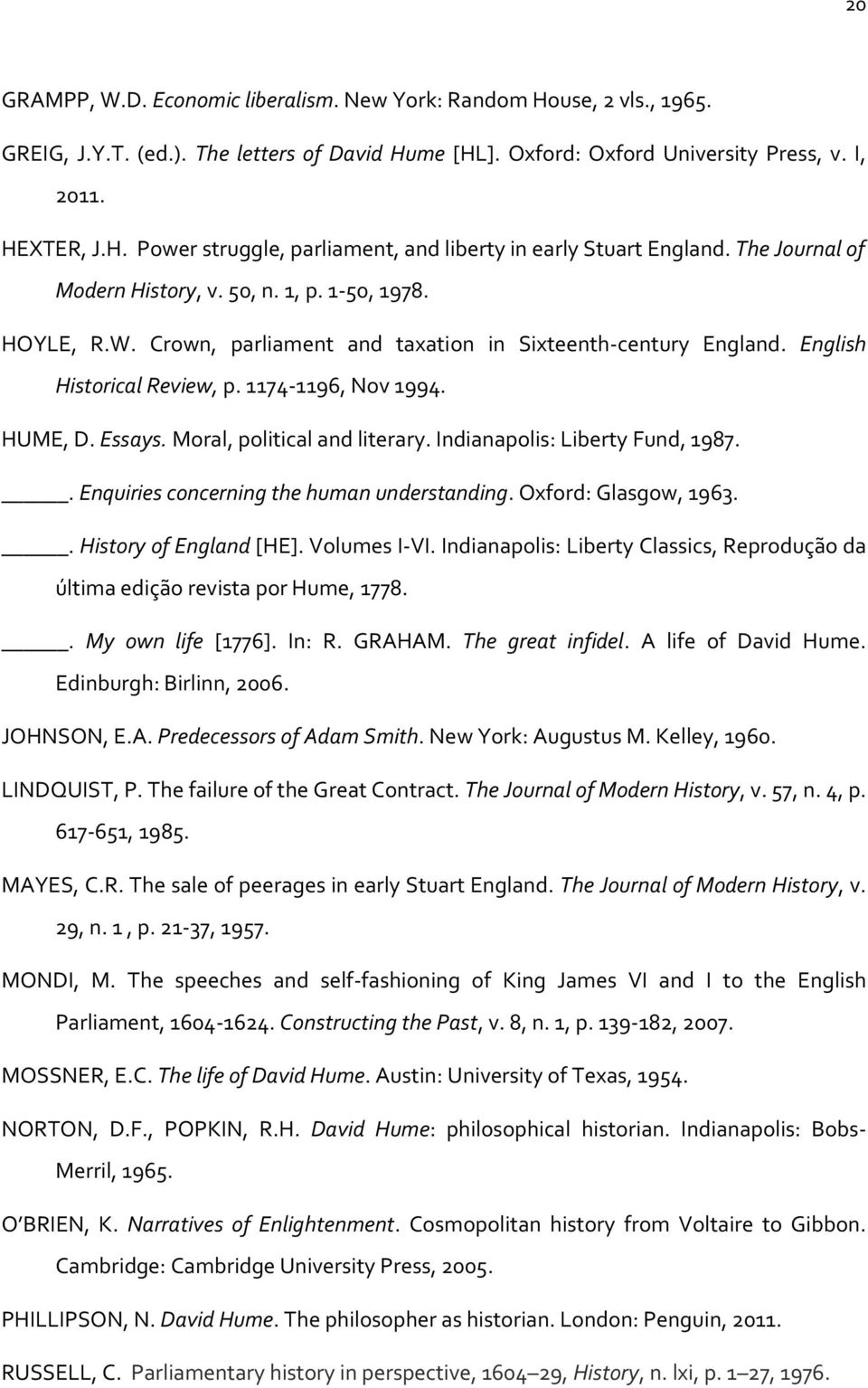 Moral, political and literary. Indianapolis: Liberty Fund, 1987.. Enquiries concerning the human understanding. Oxford: Glasgow, 1963.. History of England [HE]. Volumes I-VI.