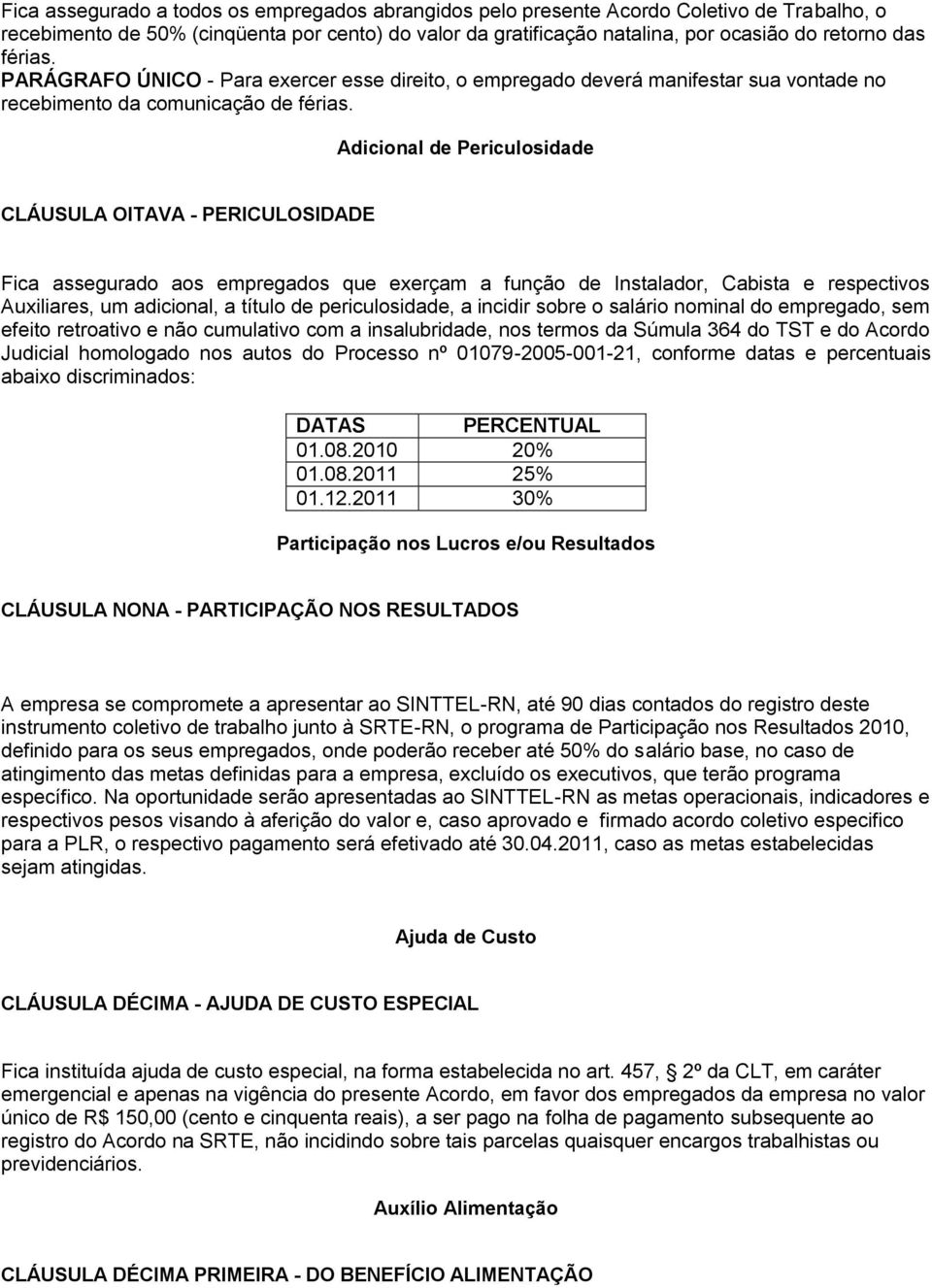 Adicional de Periculosidade CLÁUSULA OITAVA - PERICULOSIDADE Fica assegurado aos empregados que exerçam a função de Instalador, Cabista e respectivos Auxiliares, um adicional, a título de