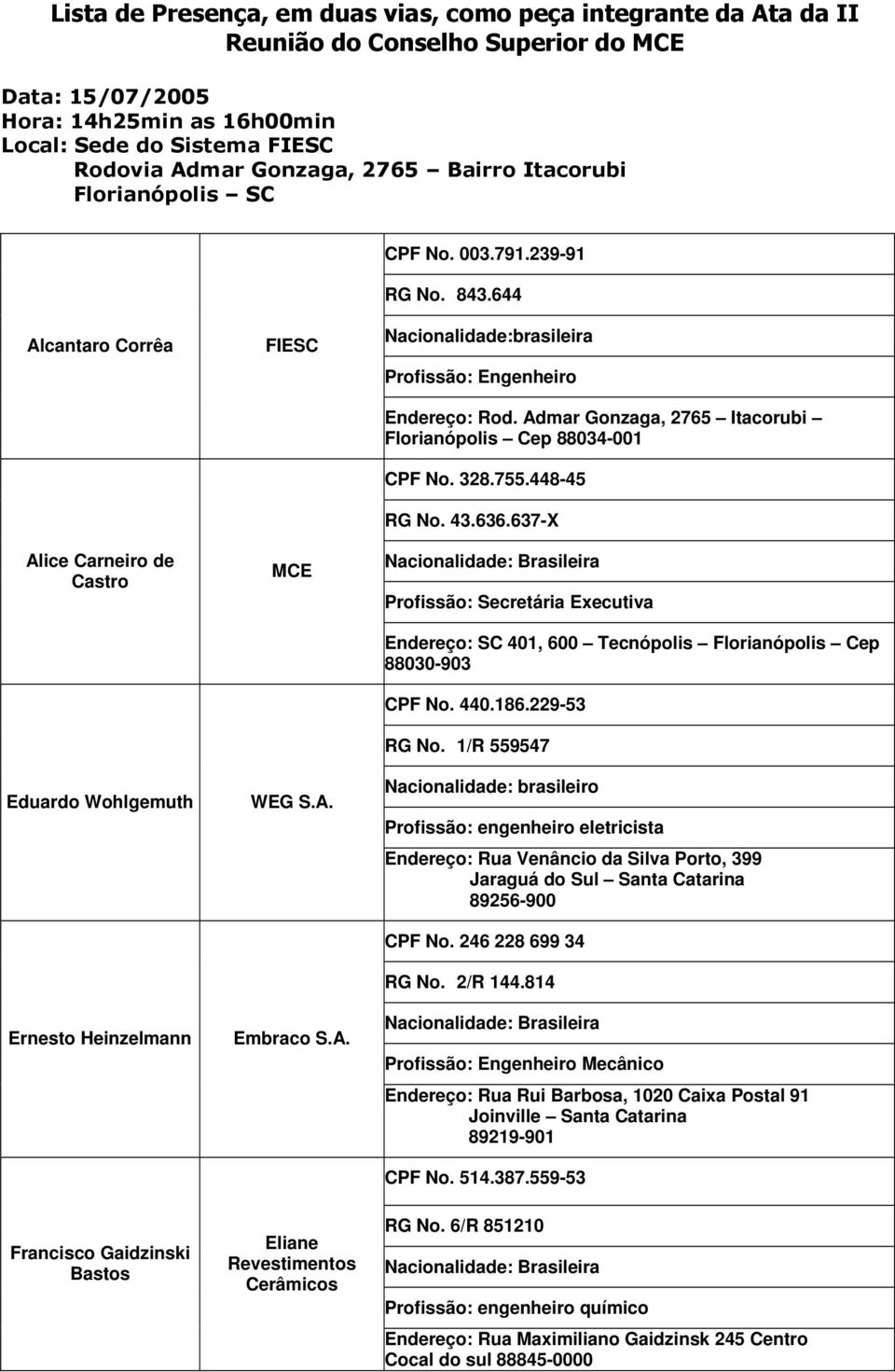 Admar Gonzaga, 2765 Itacorubi Florianópolis Cep 88034-001 328.755.448-45 43.636.637-X Secretária Executiva Endereço: SC 401, 600 Tecnópolis Florianópolis Cep 88030-903 440.186.