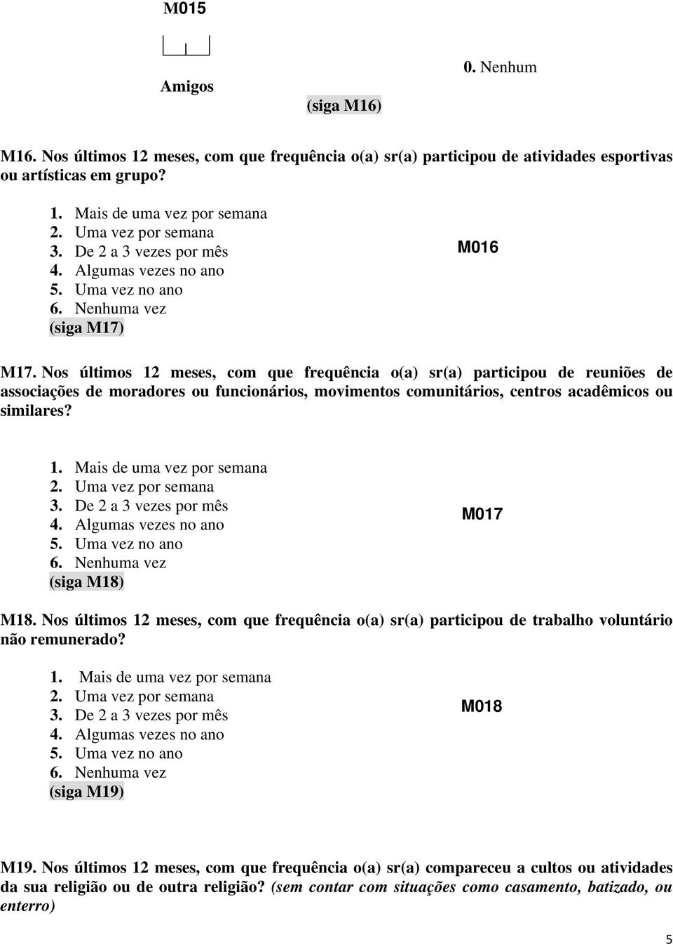 Nos últimos 12 meses, com que frequência o(a) sr(a) participou de trabalho voluntário não remunerado? 1. Mais de uma vez por semana (siga M19) M018 M19.