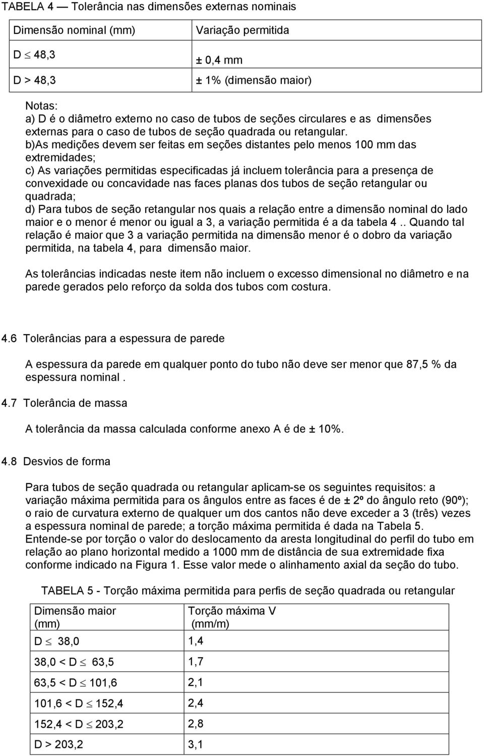 b)as medições devem ser feitas em seções distantes pelo menos 100 mm das extremidades; c) As variações permitidas especificadas já incluem tolerância para a presença de convexidade ou concavidade nas