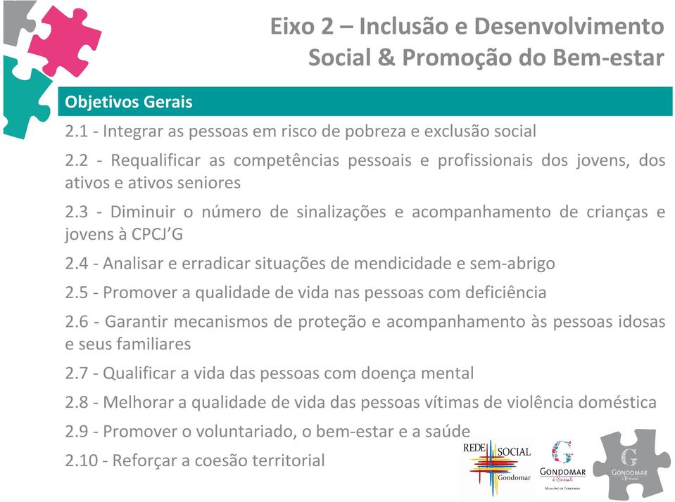 4 - Analisar e erradicar situações de mendicidade e sem-abrigo 2.5 - Promover a qualidade de vida nas pessoas com deficiência 2.