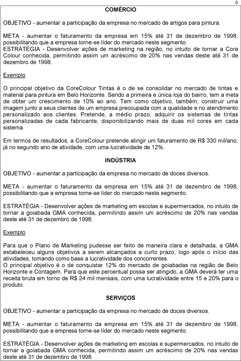 ESTRATƒGIA - Desenvolver a es de marketing na regi o, no intuito de tornar a Core Colour conhecida, permitindo assim um acržscimo de 20% nas vendas deste atž 31 de dezembro de 1998.