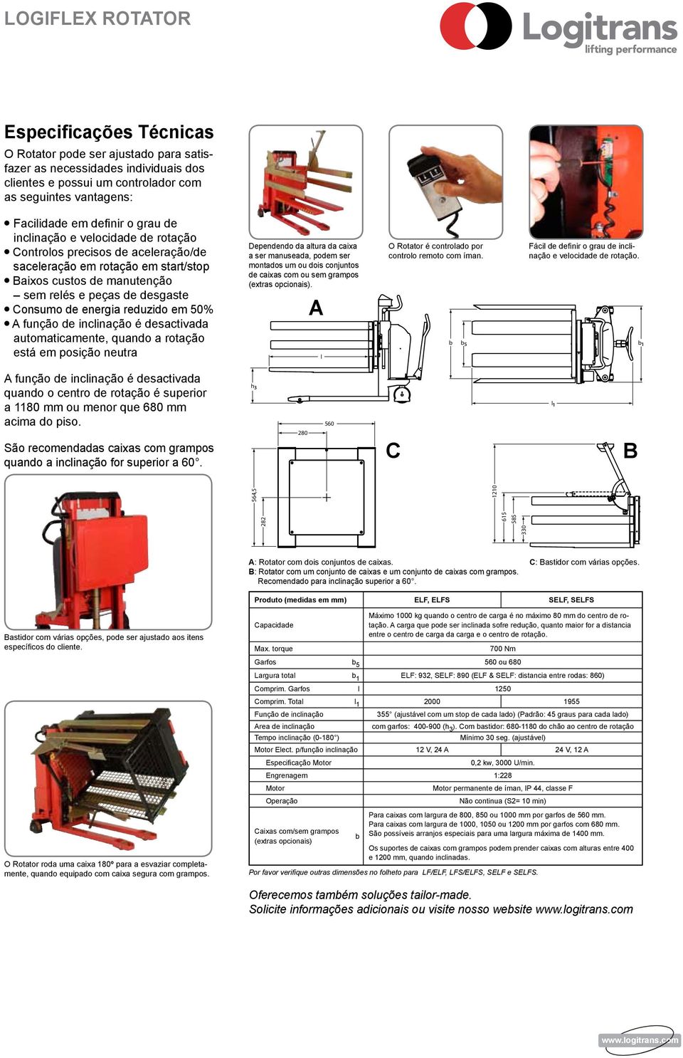 50% A função de incinação é desactivada automaticamente, quando a rotação está em posição neutra Dependendo da atura da caixa a ser manuseada, podem ser montados um ou dois conjuntos de caixas com ou