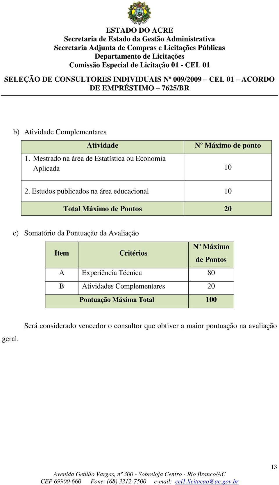 Estudos publicados na área educacional 10 Total Máximo de Pontos 20 c) Somatório da Pontuação da Avaliação