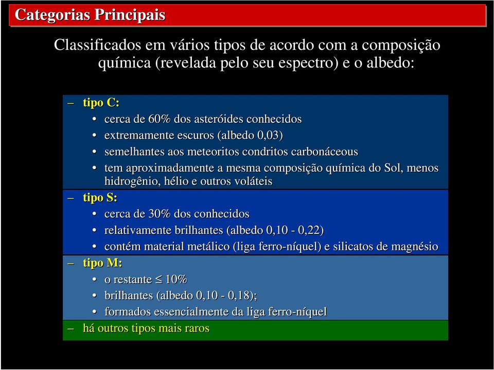 Sol, menos hidrogênio, hélio e outros voláteis tipo S: cerca de 30% dos conhecidos relativamente brilhantes (albedo 0,10-0,22) contém material metálico (liga